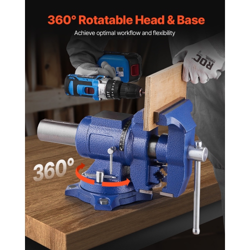 VEVOR Heavy Duty Bench Vise, 6-1/2" Jaw Width, 5" Max Jaw Opening Multi-Purpose Ductile Iron Bench Vise with Anvil, 360° Swivel Base Head, 3" Throat,