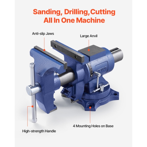 VEVOR Heavy Duty Bench Vise, 6-1/2" Jaw Width, 5" Max Jaw Opening Multi-Purpose Ductile Iron Bench Vise with Anvil, 360° Swivel Base Head, 3" Throat,
