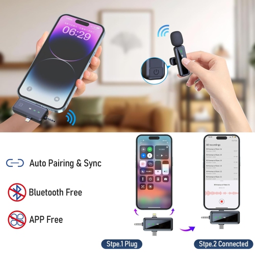 3-in-1 Wireless Lavalier Microphone for iPhone, iPad, Android, Camera, Mini Microphone for Video Recording, Vlog, YouTube