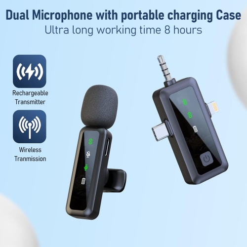3-in-1 Wireless Lavalier Microphone for iPhone, iPad, Android, Camera, Mini Microphone for Video Recording, Vlog, YouTube