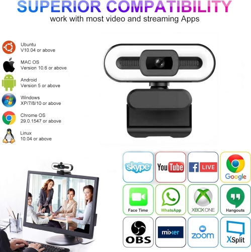 4K high-definition computer camera, network USB camera, 1080P online class live broadcast, adjustable 3 colors of fill light and auto focus