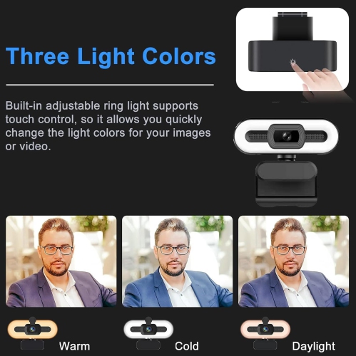 2K high-definition computer camera, network USB camera, 1080P online class live broadcast, adjustable 3 colors of fill light and auto focus