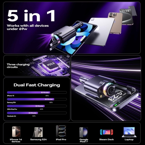 New five-in-one car charger retractable cable car intelligent aromatherapy perfume starry sky top super fast charging car charger 45W fast charging