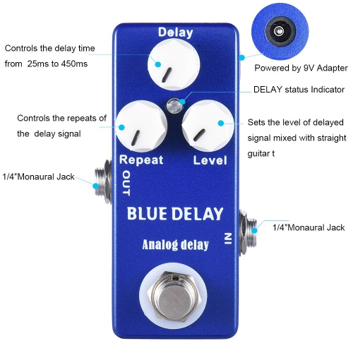 Pure analog delay guitar effects - 25-450ms adjustable, three-knob control, true bypass design