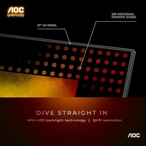 AOC Q27G3XMN 27" 2K QHD Gaming Monitor, 2560x1440, Mini LED, 180Hz, HDMI 2.0 x 1, DisplayPort 1.4 x1, Adaptive Sync, Xbox/PS5/Switch Ready