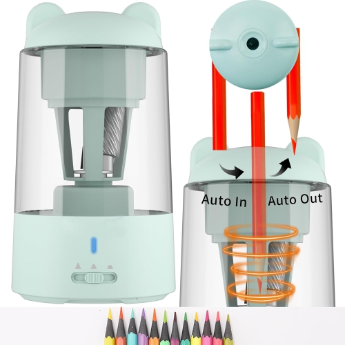 Affûteur électrique, taille-crayon entièrement automatique, taille-crayon rechargeable pour crayons de couleur de 0,255 à 0,315&nbsp;po - Bleu