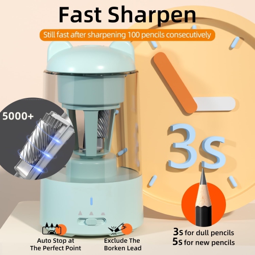 Affûteur électrique, taille-crayon entièrement automatique, taille-crayon rechargeable pour crayons de couleur de 0,255 à 0,315&nbsp;po - Bleu