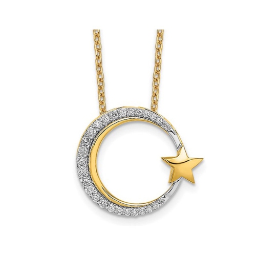 14K Yellow and Wihite Gold Moon and Star Charm Pendant Necklace with Chain and Diamonds