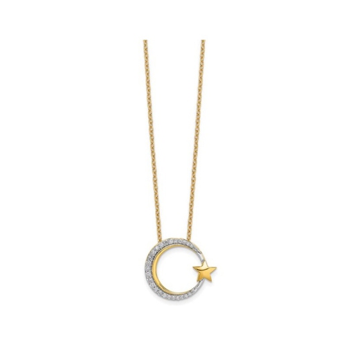 14K Yellow and Wihite Gold Moon and Star Charm Pendant Necklace with Chain and Diamonds