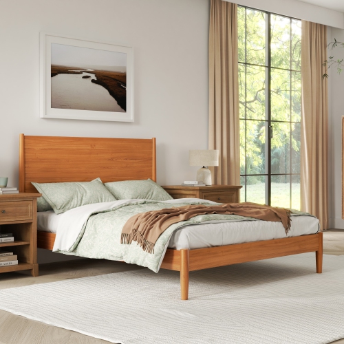 Valencia Tatum Queen Size Wood Mid-Century Bed Frame, Acorn