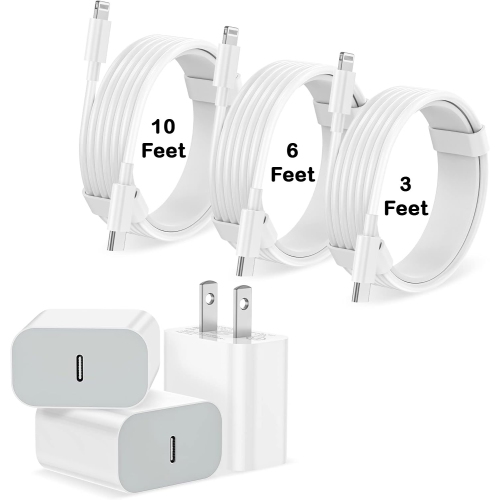 iPhone Charger Fast Charging 3Pack USB-C Wall Charger Block with [10ft, 6ft, 3ft] USB C to Lightning Cables for iPhone 14/14 Pro/14Pro Max/13/13