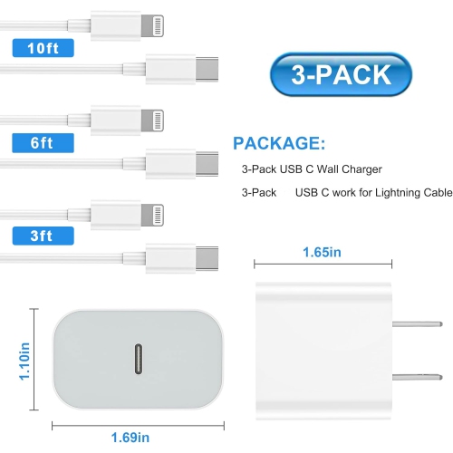 iPhone Charger Fast Charging 3Pack USB-C Wall Charger Block with [10ft, 6ft, 3ft] USB C to Lightning Cables for iPhone 14/14 Pro/14Pro Max/13/13