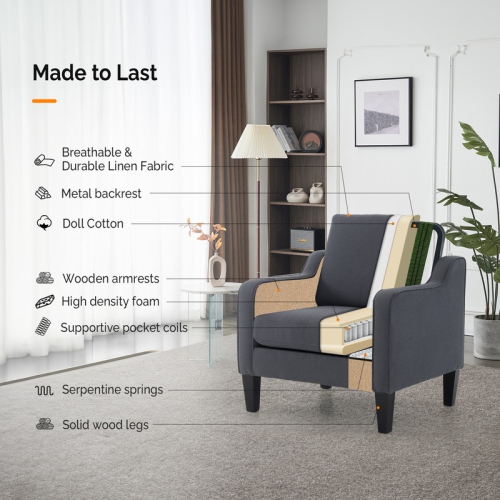 Karl Home Cotton And Linen Contemporary Accent Chair Armchair For Living Room Dark Grey