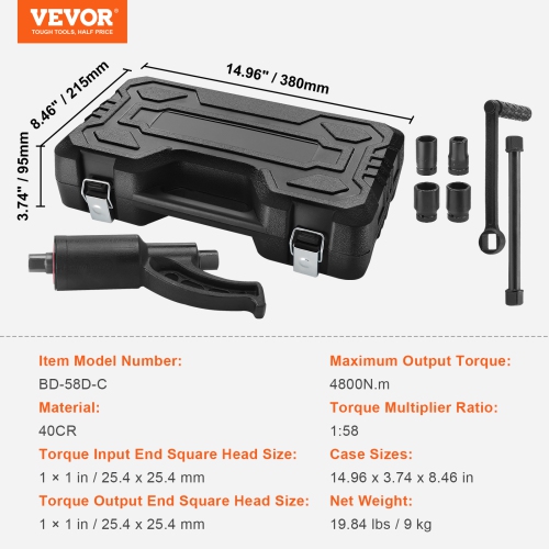 VEVOR 1 Inch Torque Multiplier, Heavy Duty Torque Multiplier Wrench Set, Drive Lug Nut Wrench Torque Multiplier, 1:58 4800N.m Lug Nut Remover, with 4