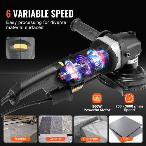 VEVOR 800W Wet Polisher, 4" Concrete Grinder with 6 Variable Speed and 7 Polishing Kits, Wet Grinder Machine for Marble, Granite, Stone, Rock, Tile,