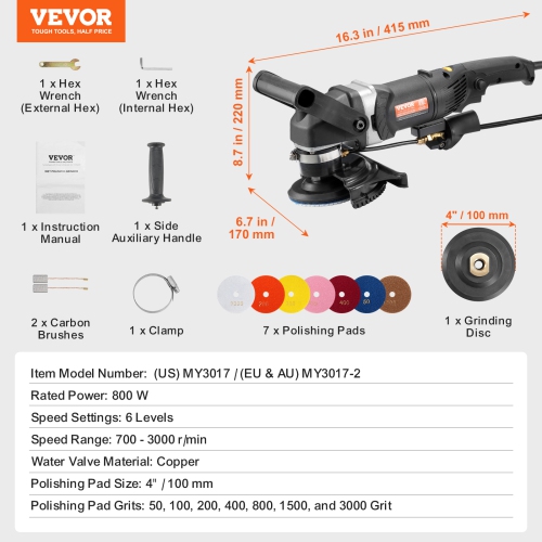 VEVOR 800W Wet Polisher, 4" Concrete Grinder with 6 Variable Speed and 7 Polishing Kits, Wet Grinder Machine for Marble, Granite, Stone, Rock, Tile,