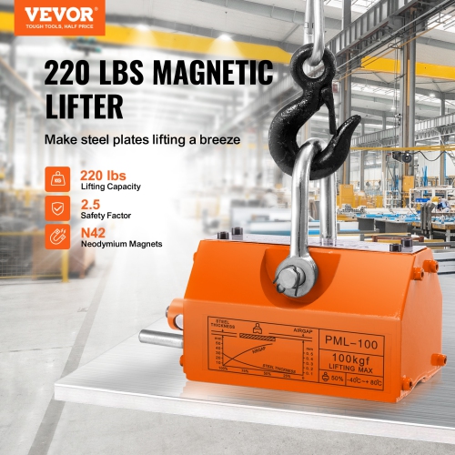 VEVOR 220 lbs/100 kg Magnetic Lifter, 2.5 Safety Factor, Neodymium & Steel, Lifting Magnet with Release, Permanent Lift Magnets, Heavy Duty Magnet