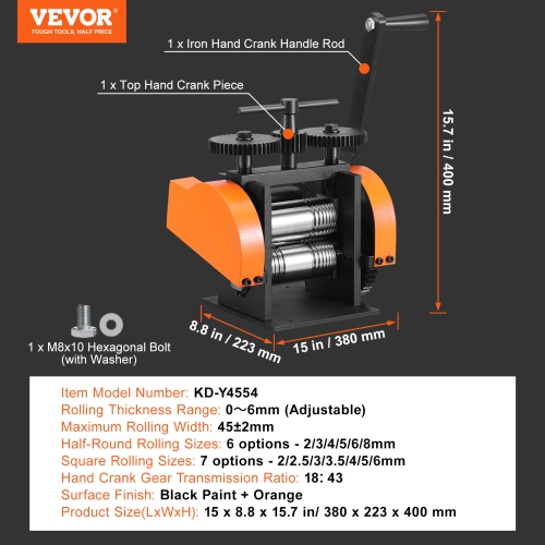 VEVOR 1.77"/45 mm Rolling Mill, Jewelry Rolling Mill Machine, 1: 2.4 Gear Ratio, 3-in-1 Multi-function Rolling Mill, 0-6 mm Press Thickness for Metal