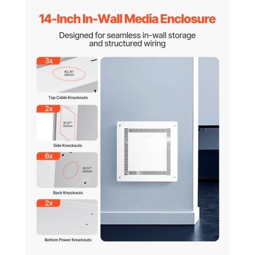 VEVOR 14-Inch Structured Media Enclosure, Recessed in-Wall Media Box with Cover, Wall-Mount Cable Management Box Kit, Structured Wiring Multi-Media
