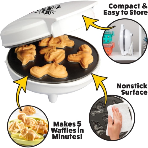 Dinosaur Mini Waffle Maker - 5 Dinosaur Shapes in Minutes, Non-Stick Waffle Iron, Fun Breakfast for Kids and Adults
