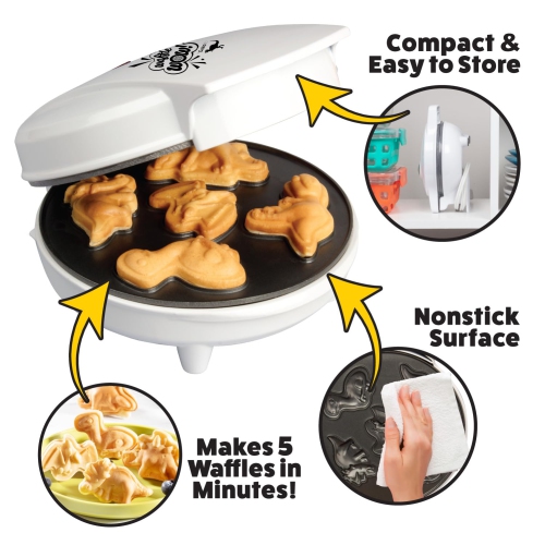Dinosaur Mini Waffle Maker - 5 Dinosaur Shapes in Minutes, Non-Stick Waffle Iron, Fun Breakfast for Kids and Adults