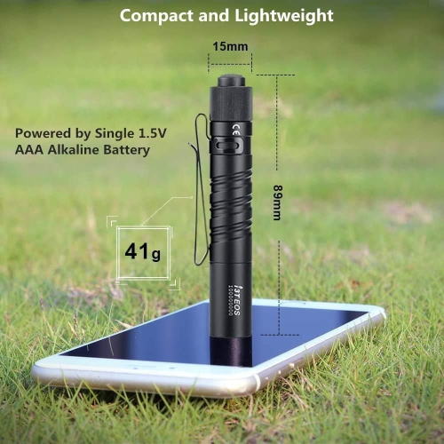 I3T EOS Slim EDC Flashlight, 180 Lumens Tail Switch Tiny Flashlight with Direction Pocket Clip, Powered by AAA Battery, for Dog Walking, Camping,