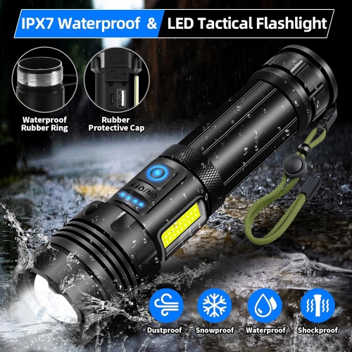 Rechargeable Flashlight 990000 High Lumens, 7 Modes & COB Lights, IPX7 Waterproof, Powerful Led Tactical Flashlights with Zoomable, Brightest Flash