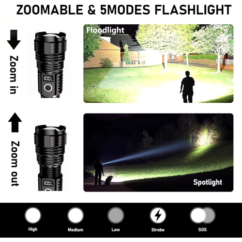 Flashlight rechargeable, Super Bright Zoomable Lampe with LCD Digital Display, 5Modes Brightest Flashlights, 990000 High Lumens LED FlashLight, for