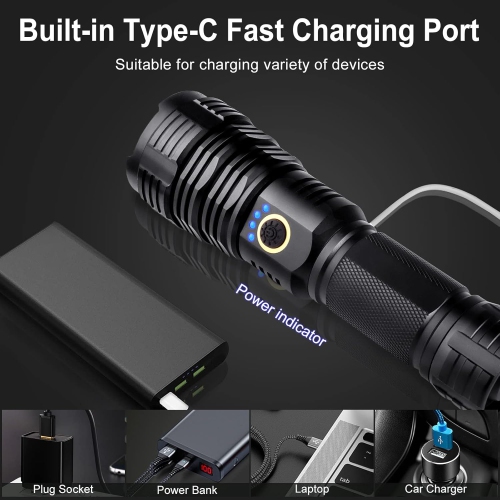 Rechargeable LED Flashlight, LED Flashlight with Zoomable, XHP70 Flashlight 980000 High Lumens, 5 Modes, Military Grade Waterproof LED Flashlights