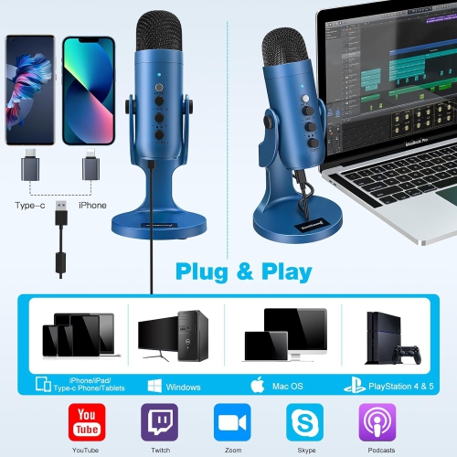USB Microphone,Condenser Phone Computer PC Mic kit,Plug&Play Gaming Microphones for PS 4&5.Mic Gain&Volume Control,Echo &Mute Button for