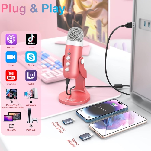 VECELOLIBILIS  USB Microphone, Condenser Phone Computer PC Mic Kit, Plug&play Gaming Microphones for Ps 4&5.mic Gain&volume Control, Echo &mute Button
