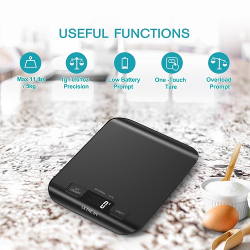 Ultrean Food Scale, Digital Kitchen Scale Weight Grams and Ounces for Baking and Cooking, 6 Units with Tare Function, 11lb (Black)
