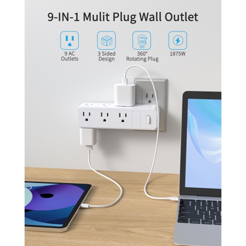 Surge Protector Outlet Extender with 360° Rotating Plug, 9 AC Outlets Splitter, Multi Plug Wall Outlet with Power Switch