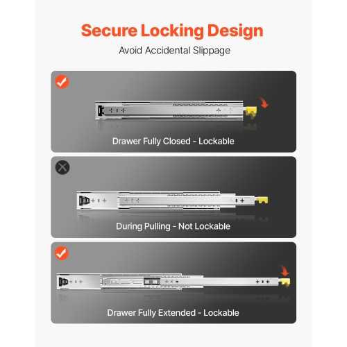 VEVOR 1 Pair Full Extension Drawer Slides 16 18 20 24 30 35 38 59 32 36 40 48 60 in, 250 lbs Load Locking Drawer Slides, Ball Bearing with Lock Side