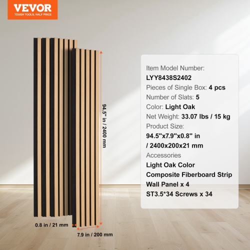 VEVOR 7.9 x 94.5 inch Wood Slat Acoustic Panels, MDF Accent Wooden Wall Panels for Modern Interior Wall Decor, Faux Wood Wall Board Panels for Noise