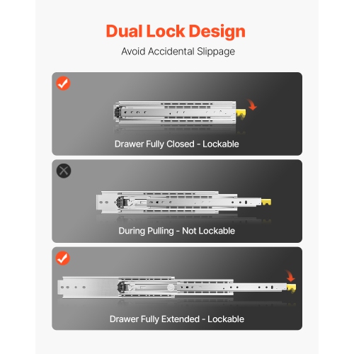 VEVOR 1 Pair Full Extension Drawer Slides 18 20 22 28 30 32 36 38 40 44 48 52 56 60 in, 500 lbs Load Locking Drawer Slides, Ball Bearing with Lock