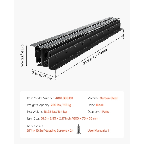 VEVOR 32 inch Undermount Drawer Slides, Full Extension Ball Bearing Under Stair Cabinet Rails, 260 LB Load Capacity Heavy Duty Bottom Stair Cabinet