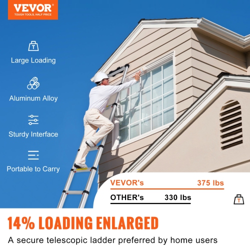 VEVOR 10.5 FT Telescoping Ladder, Aluminum One-button Retraction Collapsible Extension Ladder, 375 LBS Capacity with Non-slip Feet, Portable