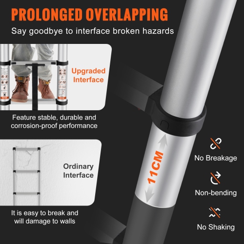 VEVOR 10.5 FT Telescoping Ladder, Aluminum One-button Retraction Collapsible Extension Ladder, 375 LBS Capacity with Non-slip Feet, Portable