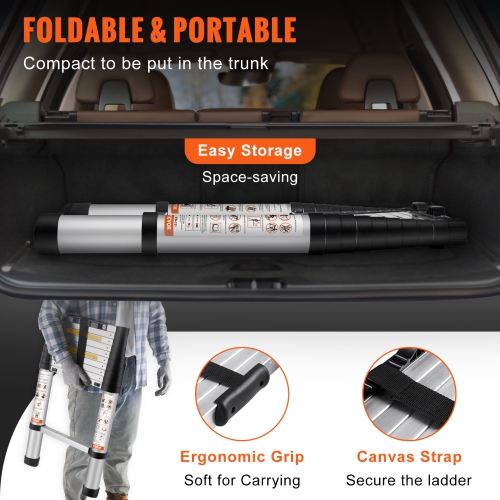 VEVOR 10.5 FT Telescoping Ladder, Aluminum One-button Retraction Collapsible Extension Ladder, 375 LBS Capacity with Non-slip Feet, Portable