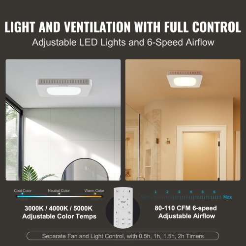 VEVOR 110 CFM Bathroom Exhaust Fan, High-Efficiency Ventilation, 1.5sones Low Noise Operation All-Copper Motor, Energy-Saving Bathroom Ceiling Fan,