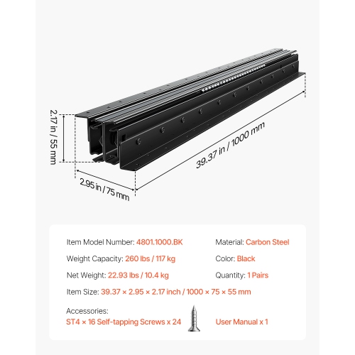VEVOR 40 inch Undermount Drawer Slides, Full Extension Ball Bearing Under Stair Cabinet Rails, 260 LB Load Capacity Heavy Duty Bottom Stair Cabinet