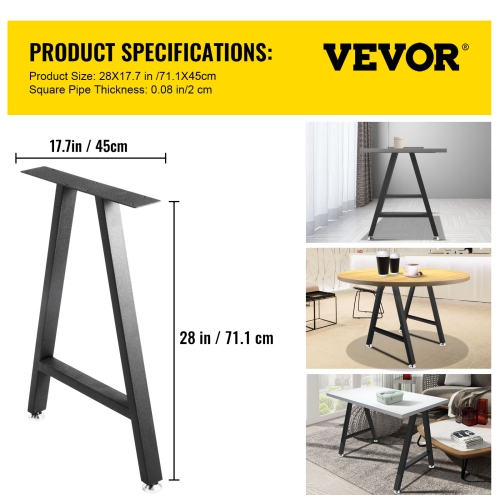 VEVOR 28 x 17.7 inch Metal Table Legs, A-Shaped Desk Legs Set of 2 Heavy Duty Bench Legs with Polyurethane Coating, Furniture Legs with Floor