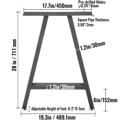 VEVOR 28 x 17.7 inch Metal Table Legs, A-Shaped Desk Legs Set of 2 Heavy Duty Bench Legs with Polyurethane Coating, Furniture Legs with Floor