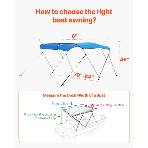 VEVOR 3 Bow Boat Bimini Tops,600D Polyester Canopy with Aluminum Alloy Frame, Waterproof & Sun Shade,with Storage Bag, 2 Support Poles, 4 Straps,