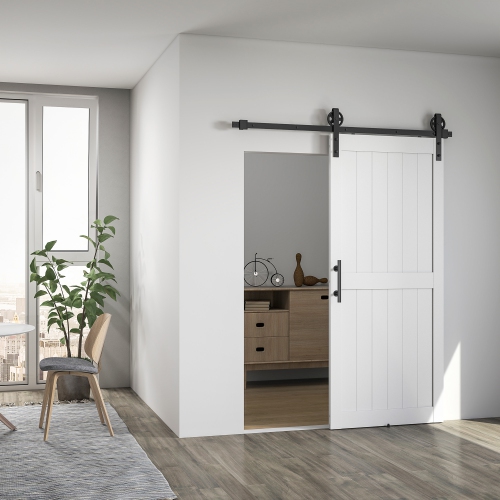 HOMCOM 36"x84" Sliding Barn Door with 6FT Sliding Door Hardware Kit & Industrial Handle, Upgraded Rollers and Floor Guide, Waterproof PVC Surface,