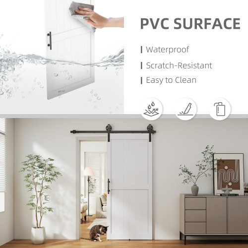 HOMCOM 36"x84" Sliding Barn Door with 6FT Sliding Door Hardware Kit & Industrial Handle, Upgraded Rollers and Floor Guide, Waterproof PVC Surface,