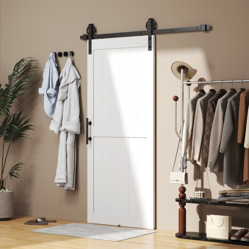 HOMCOM 36"x84" Sliding Barn Door with 6FT Sliding Door Hardware Kit & Industrial Handle, Upgraded Rollers and Floor Guide, Waterproof PVC Surface,