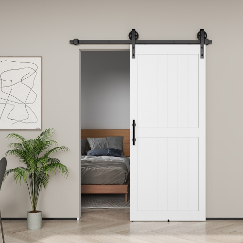 HOMCOM 36"x84" Sliding Barn Door with 6FT Sliding Door Hardware Kit & Industrial Handle, Upgraded Rollers and Floor Guide, Waterproof PVC Surface,