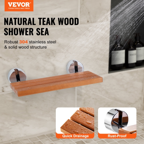 VEVOR Folding Teak Shower Seat, 20.1" x 13.2" Unfolded, Wall Mounted Fold Up Shower Bench with 440 lbs Load Capacity, Space Saving Home Care Fold